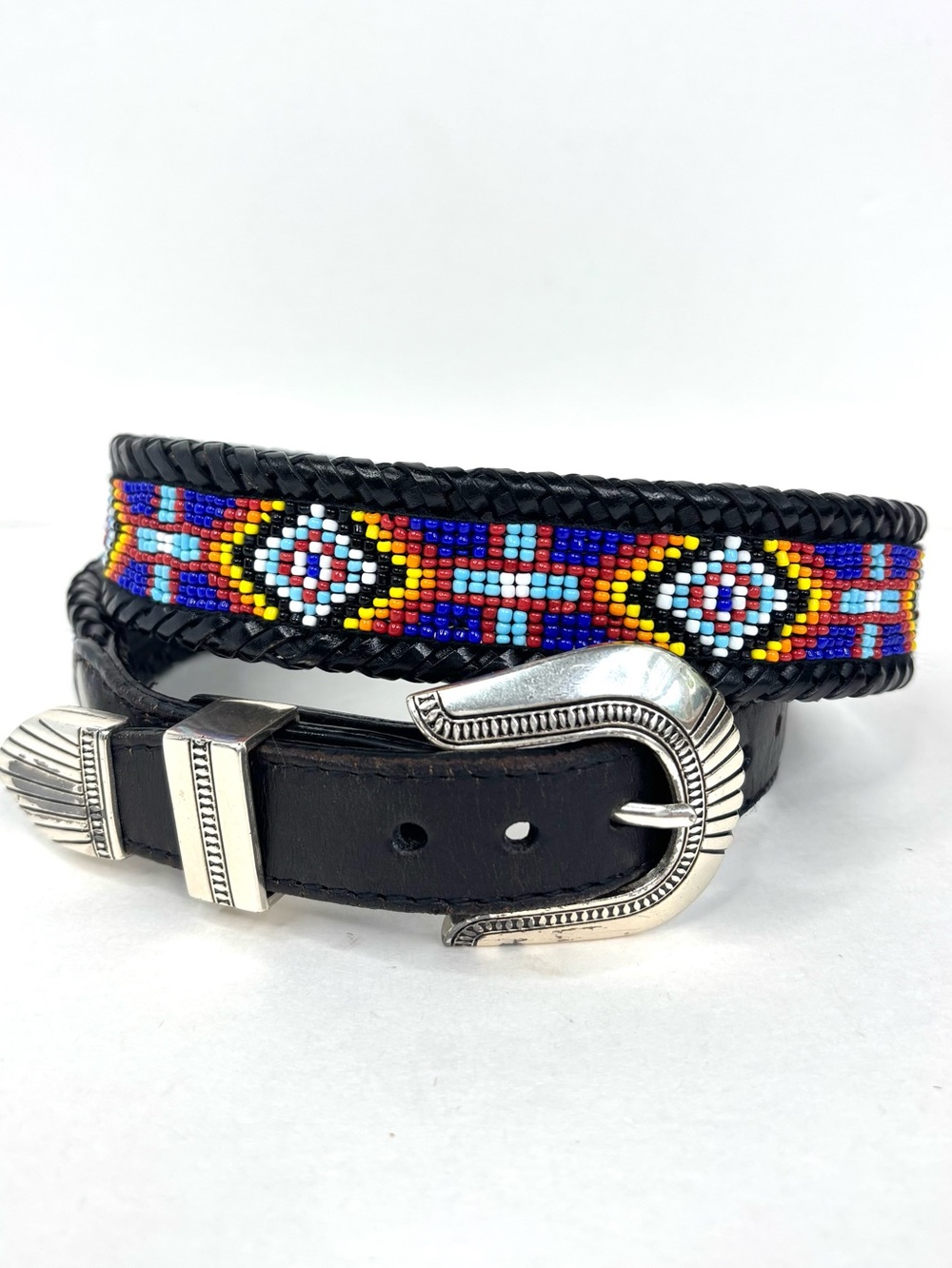 Brighton 1991 Beaded Aztec Southwest Black Braided Leather Belt Silver Buckle M